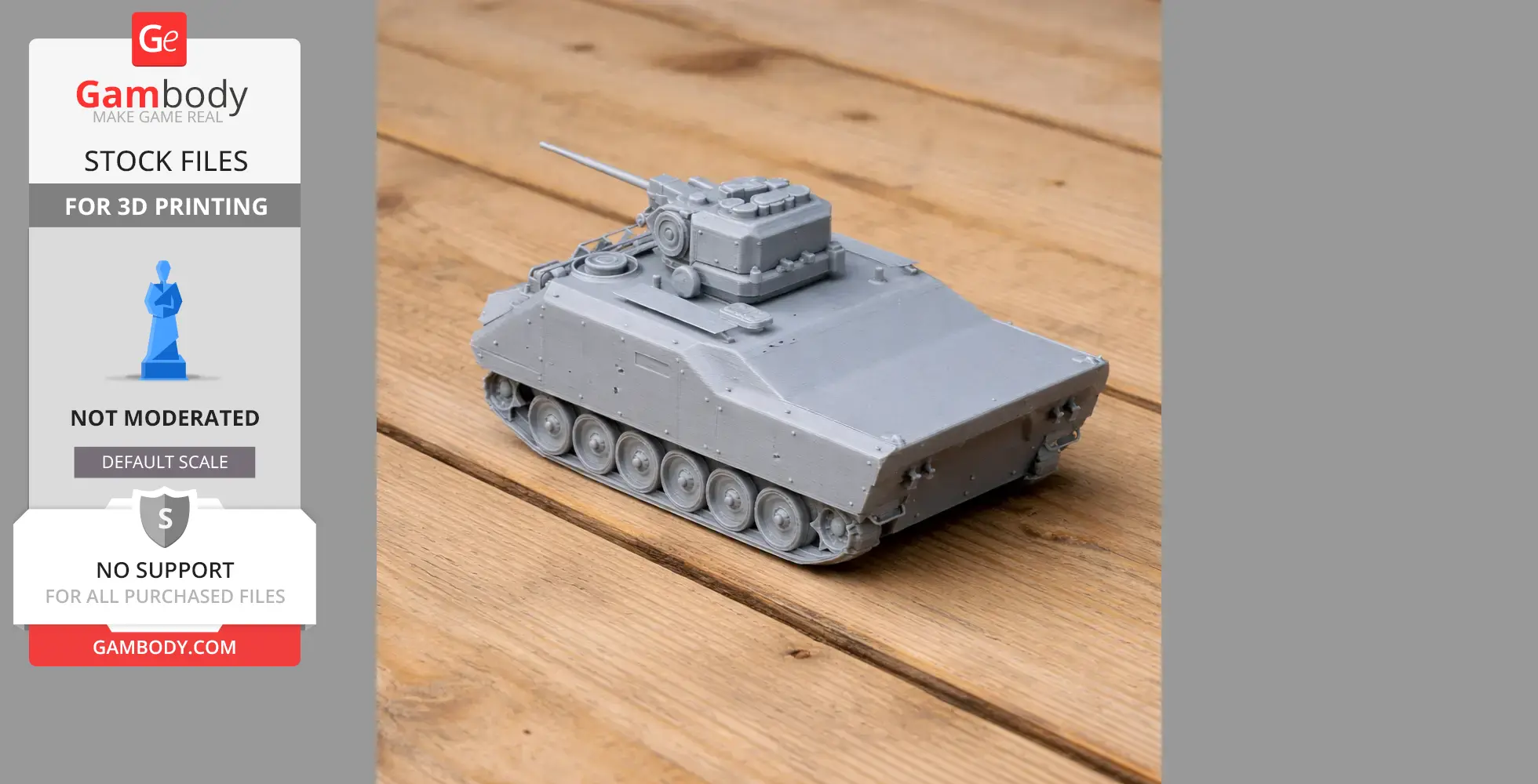 A detailed gray 3D-printed model of an AIFV tank on a wooden surface.