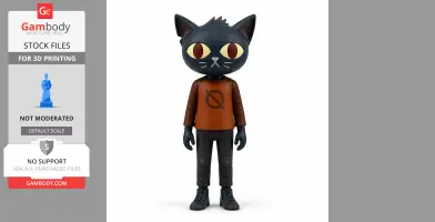 Anthropomorphic cat figure with wide eyes, wearing an orange shirt and dark pants, stands upright.