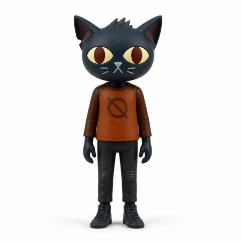 Anthropomorphic cat figurine with large eyes, wearing an orange shirt and dark pants.