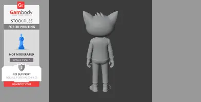 3D model of a cartoonish character with cat-like ears, standing rear view, for printing.