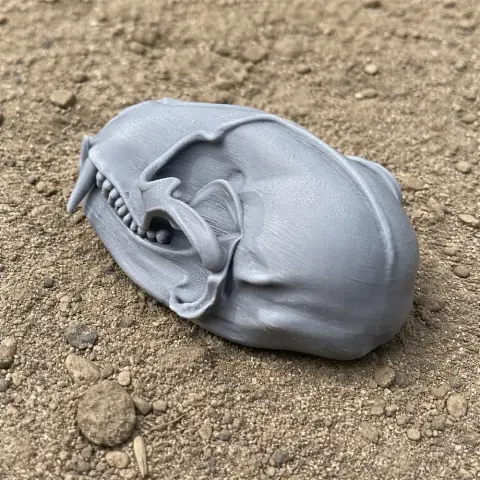 Gray 3D-printed Ankistrodon skull replica on a textured surface.