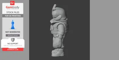 3D model of a character in armor and helmet, viewed from the side, designed for 3D printing.