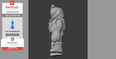 A 3D model of a stylized character in a futuristic suit, viewed from the side, ready for 3D printing.
