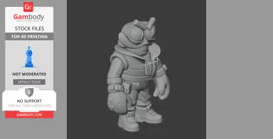 A 3D model of a cartoonish stout character with goggles and gloves, ready for 3D printing.