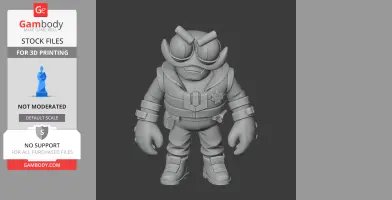 Stylized 3D figurine of a cartoon character in tactical gear with large goggles and an angry expression.
