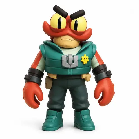 Cartoonish figure with large eyes, red gloves, teal outfit, and star badge, designed for 3D printing.