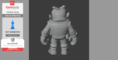 A 3D model of a chunky armored character with small ears, seen from behind, ready for 3D printing.