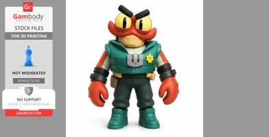 A cartoonish character figurine with large eyes, bushy eyebrows, and a star badge, wearing a vest and boots.