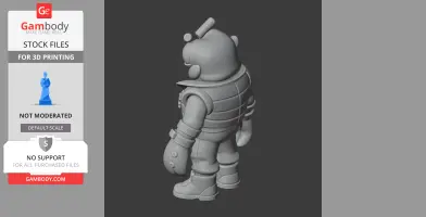 A 3D model of a robot-like figure with a backpack and cylindrical head details, viewed from the back.