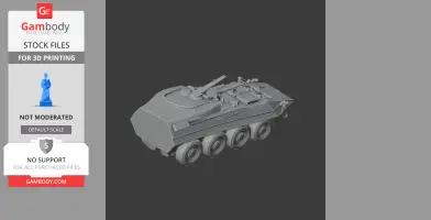 3D model of an armored military vehicle with six wheels and mounted turret for 3D printing.