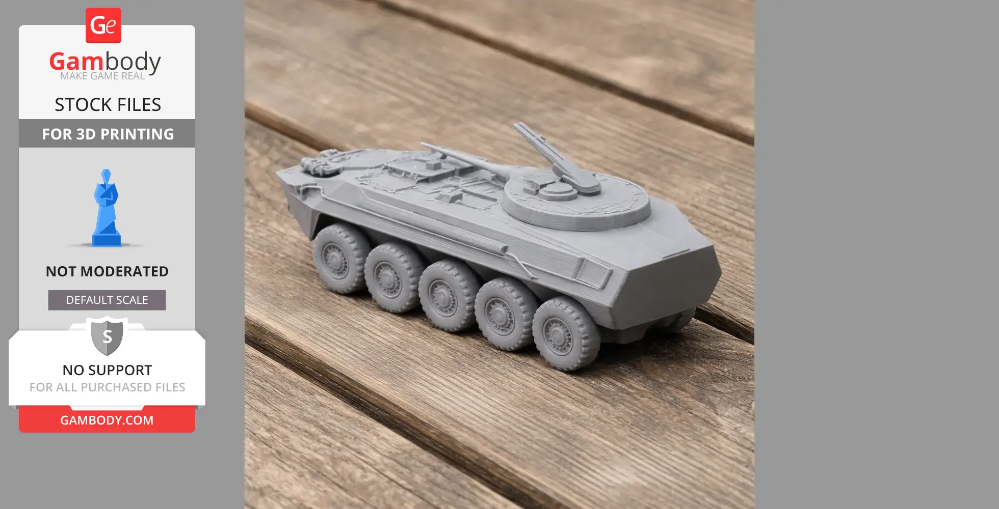 3D-printed model of a tank with eight wheels and a turret, displayed on a wooden surface.