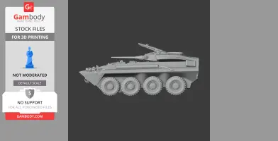 3D printable STL model of a military tank with eight wheels and a mounted turret, side view.