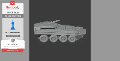 Detailed 3D model of an armored tank with six wheels, featuring a mounted turret and cannon.