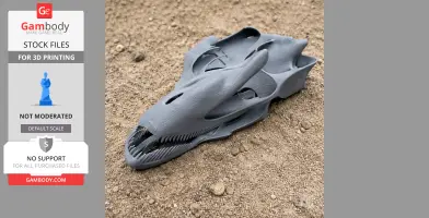 A 3D printed, gray dinosaur skull replica rests on sandy ground.