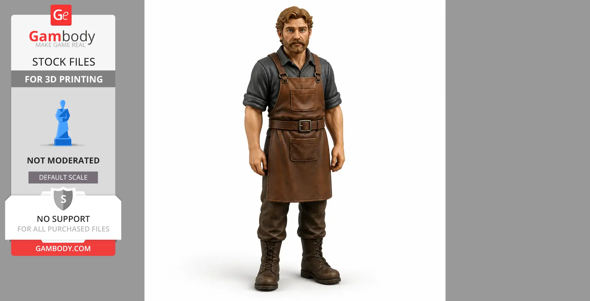 A bearded man in a brown apron and boots, standing, from STL file for 3D printing.