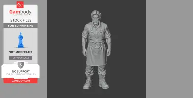 A 3D model of a man in work attire with an apron, standing with arms at his sides.