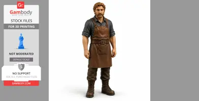 A bearded man in a brown apron and boots, standing, from STL file for 3D printing.