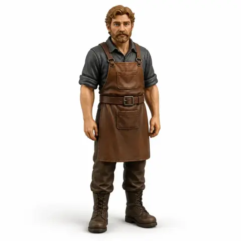 Bearded man in a brown apron and boots, standing with hands by his sides.