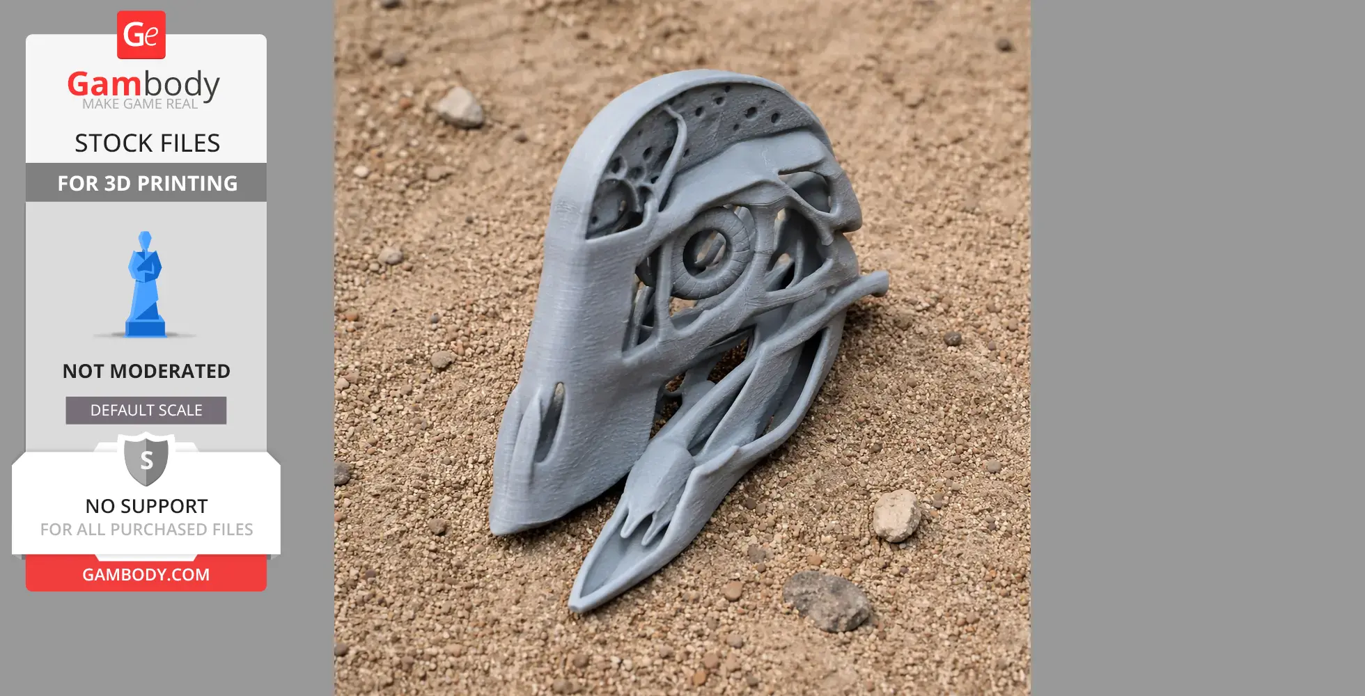 A detailed, intricate 3D-printed skull replica with large eye socket and smooth surface on sandy ground.