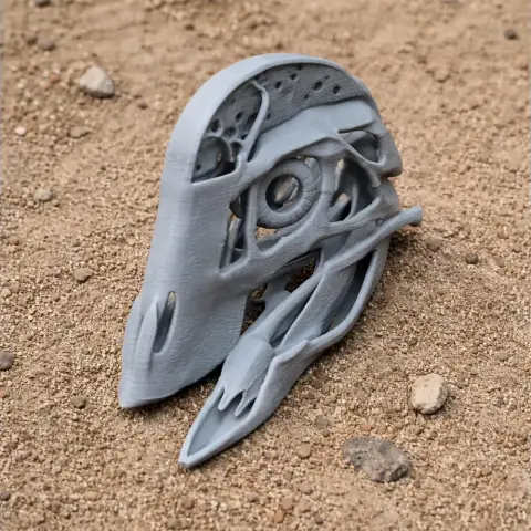 3D-printed intricate Anzu skull replica resting on textured sand.
