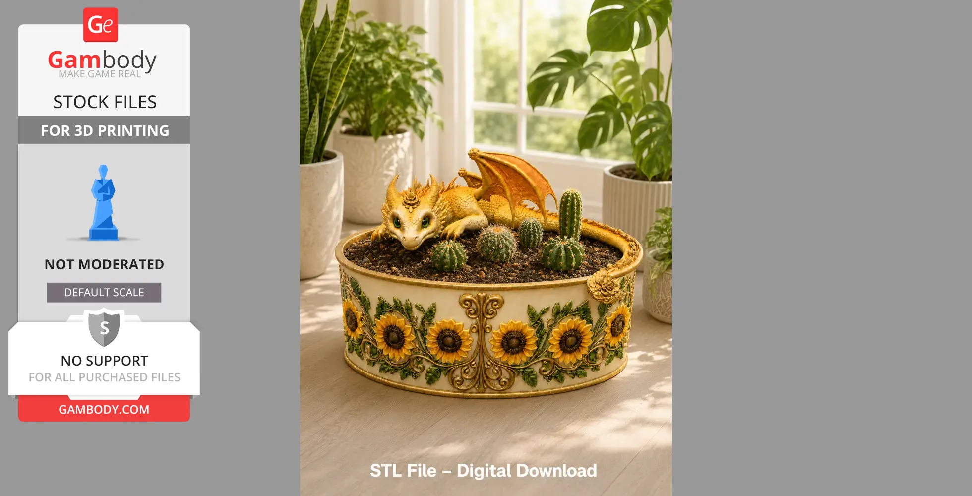 Golden dragon curled on a sunflower-decorated planter with small cacti in a bright room.