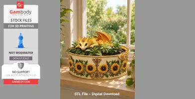 A decorative planter featuring a golden dragon surrounded by green plants and sunflower motifs.