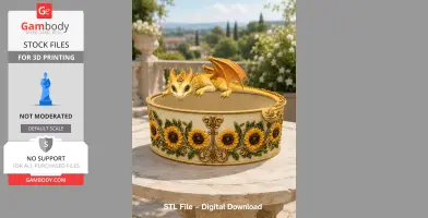 A decorative planter featuring a golden dragon lying atop, adorned with sunflowers and intricate patterns.