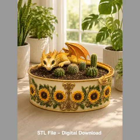 Golden dragon with wings rests among cacti in a sunflower-adorned planter.