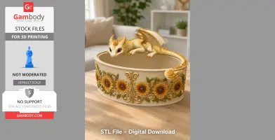 Golden dragon planter with sunflowers, designed for 3D printing.