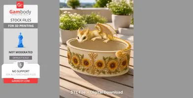 A golden dragon perched on a sunflower-themed planter, designed for 3D printing.