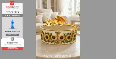 Golden dragon planter with sunflower designs, ready for 3D printing.