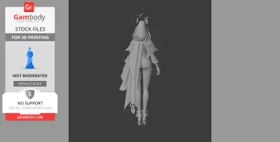 3D model of a character in ornate attire, seen from behind, ready for 3D printing.