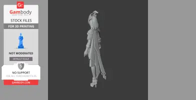A 3D model of a character in detailed attire with a long cape, standing in profile view.