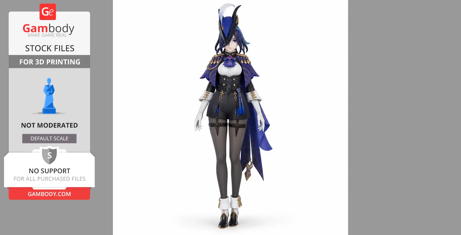 Genshin Impact character figurine, Clorinde, in detailed costume for 3D printing.