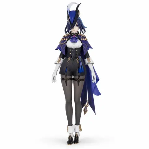 A detailed 3D figurine of a character in elaborate attire, with a hat and cape, ready for 3D printing.