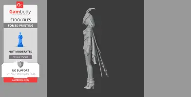 Side view of a 3D model of Clorinde from Genshin Impact, wearing detailed attire and headgear.
