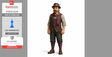 A character figurine in a hat and scarf, with a mustache and striped socks, designed for 3D printing.