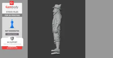 A side view of a detailed 3D model of a man in a hat with a feather, wearing rolled-up sleeves and boots.