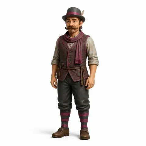 Victorian-style figurine with a hat, scarf, and vest, designed for 3D printing.