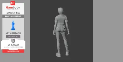 A 3D model of a character standing, viewed from the back, in detailed attire, suitable for 3D printing.
