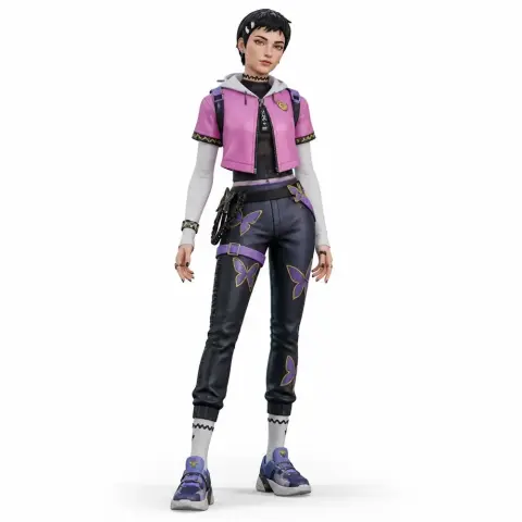 A stylized 3D figurine of a character with a short haircut, wearing a pink jacket and dark pants.
