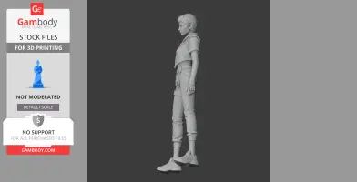 3D model of a female character in casual attire, standing in profile view.