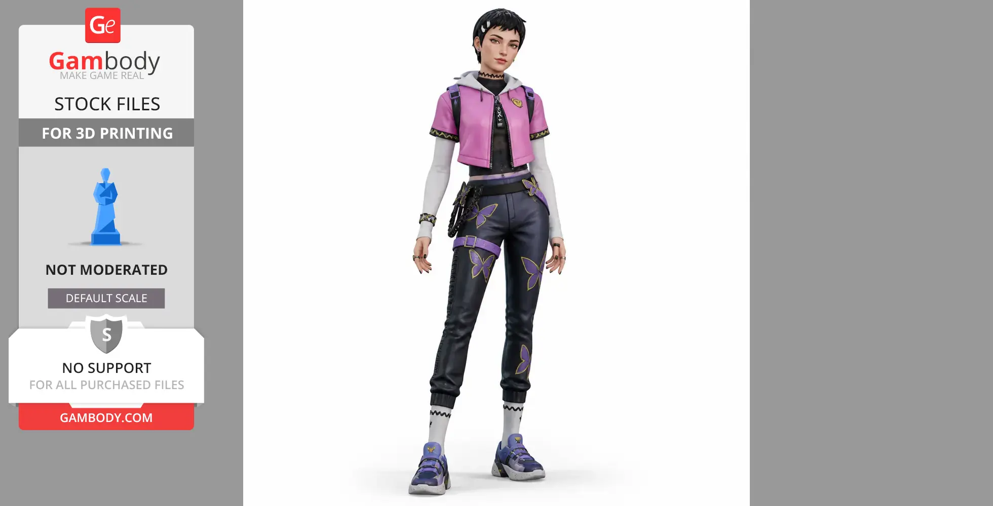 Stylized 3D model of a character in purple attire with butterfly motifs, ready for 3D printing.