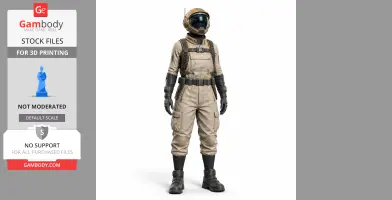 A 3D model of a character in a sci-fi suit with a helmet, designed for 3D printing.