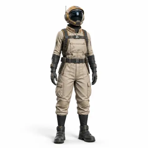 Astronaut-like figure in beige jumpsuit with helmet, black gloves, and boots, ready for 3D printing.