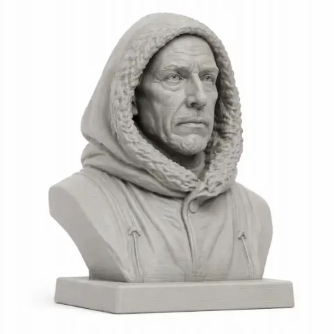 Bust of an elderly man in a hooded parka, detailed facial features, mounted on a base.