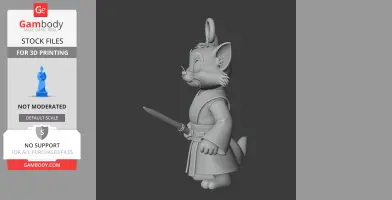 A 3D model of a cartoon cat dressed as a Jedi, holding a lightsaber, designed for 3D printing.