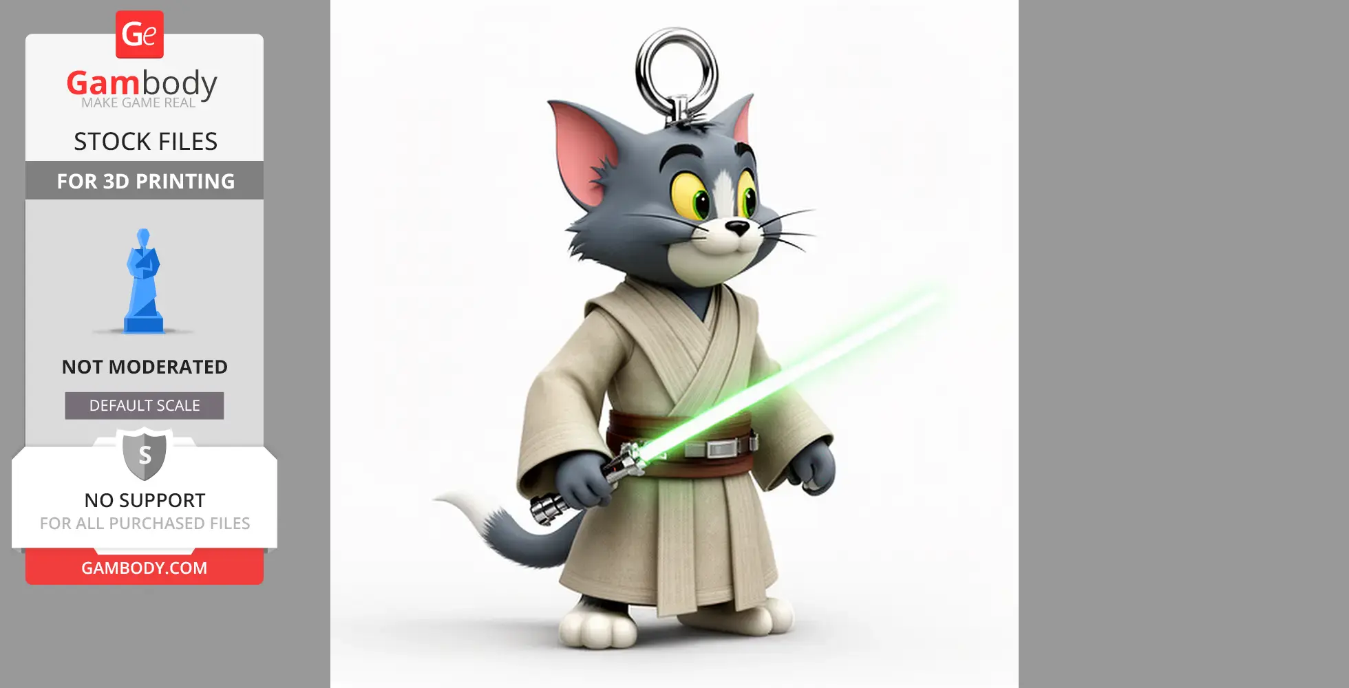 Cartoon cat in Jedi robe holding a green lightsaber, designed as a 3D printable ring figure.