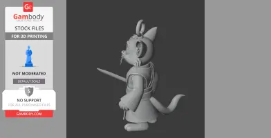 A stylized 3D model of a cat-like figure holding a lightsaber, dressed as a Jedi with a ring on its head.