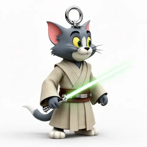 Cartoon cat in Jedi robes holding a green lightsaber, designed for a 3D-printed figure.
